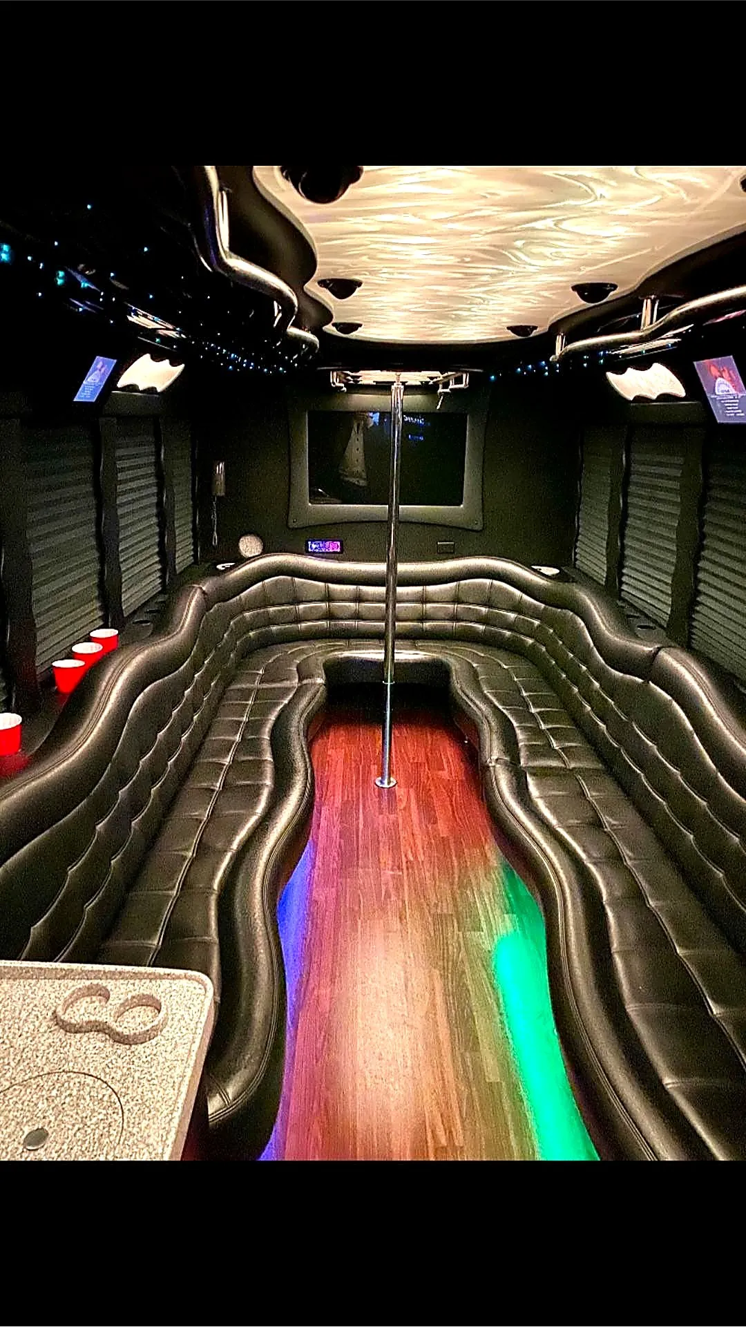 Party bus showroom view with lights off